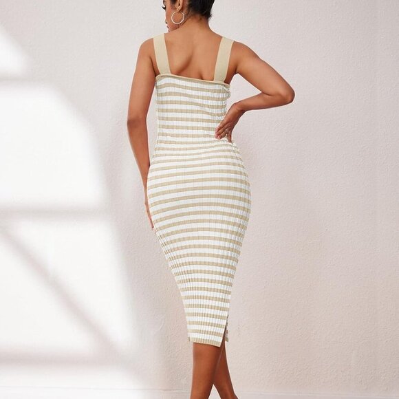 Women's 2025 Summer Bodycon Midi Dress Vacation Sleeveless Ribbed Knit Striped S - Picture 7 of 7
